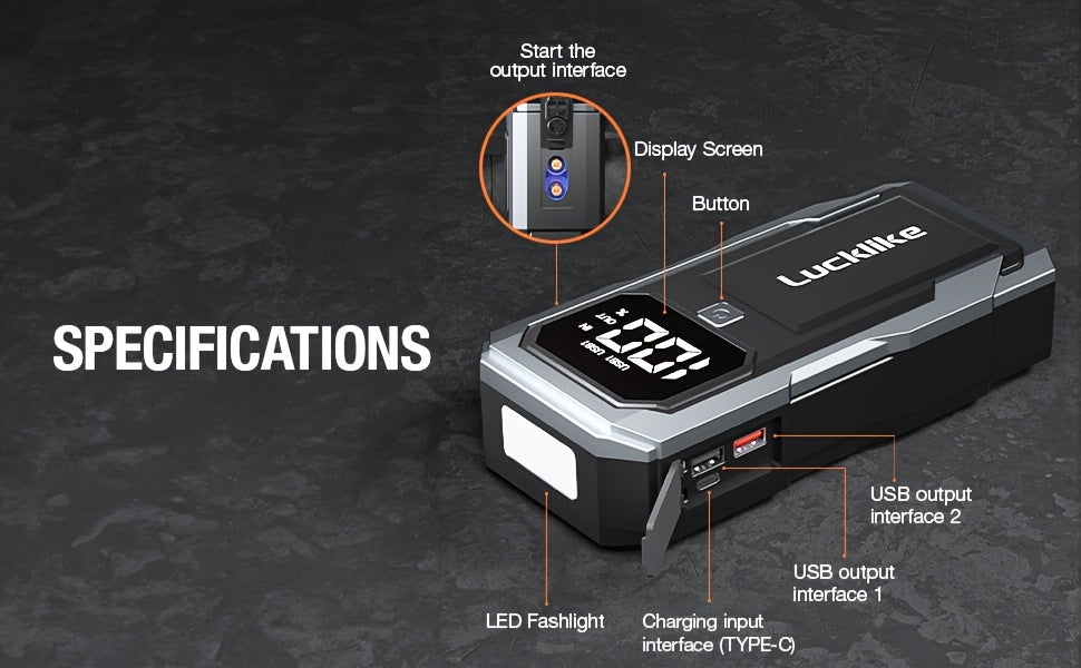5000A Portable Car Battery Jump Starter And 12V Car Battery Charger - Lucklike Battery Pack for 2.11gal Gas/1.85gal Diesel Engines, Jump Box with Quick Charge, Intelligent Jumper Cables, LED Light, And High-Capacity Power Bank