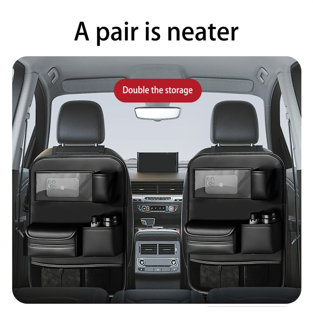 Car Backseat Organizer with Foldable Table Tray & Tablet Holder – PU Leather Seat Back Protector Kick Mat, Multi-Pocket Storage for Kids & Travel