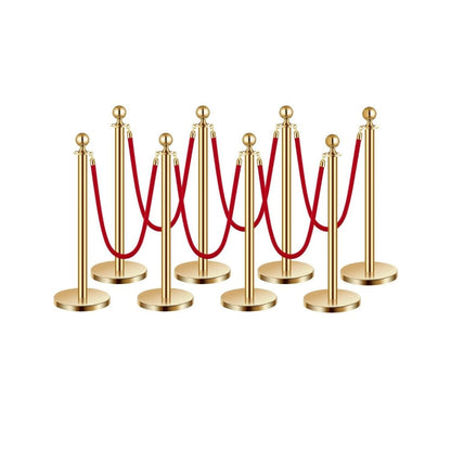Stanchion Posts with Red Velvet Rope Set - Gold Crowd Control Barrier, 201 Stainless Steel Queue Poles with Sand-Fillable Base & 4-Way Connectors, for Wedding Event Party Museum Hotel, 4/6/8 Pcs
