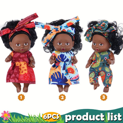 Miniature Girl Doll Set 6 Pcs 4 Inch Articulated Arms & Legs – Colorful Outfits Printed Headscarf, Adorable Collectible Mini Fashion Dolls, Christmas New Year Birthday Gift for Kids Girls Ages 3+
