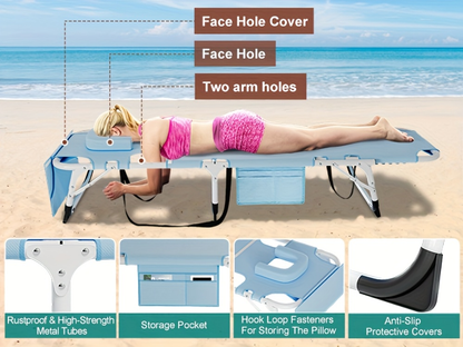Folding Chaise Lounge Chair for Outdoor Tanning – 5-Position Adjustable Sunbathing Lounger with Face Hole for Pool, Beach & Backyard – Standard & Oversize Available
