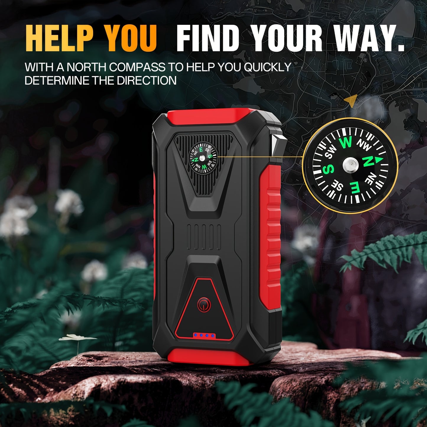 5000A Peak Jump Starter - 12V Portable Car Battery Starter with LED Flashlight, SOS Light, Safety Hammer & Compass | Gas & Diesel Engines, RV