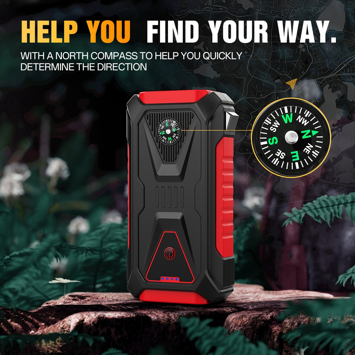 12V Portable Battery Starter | 5000A Peak Jump Starter for 2.64gal Gasoline and 2.11gal Diesel Engines, LED Flashlight, SOS Warning Lights, Emergency Power Supply with Safety Hammer and Compass, USB Dual Use, Rechargeable Lithium Polymer Battery, For RV