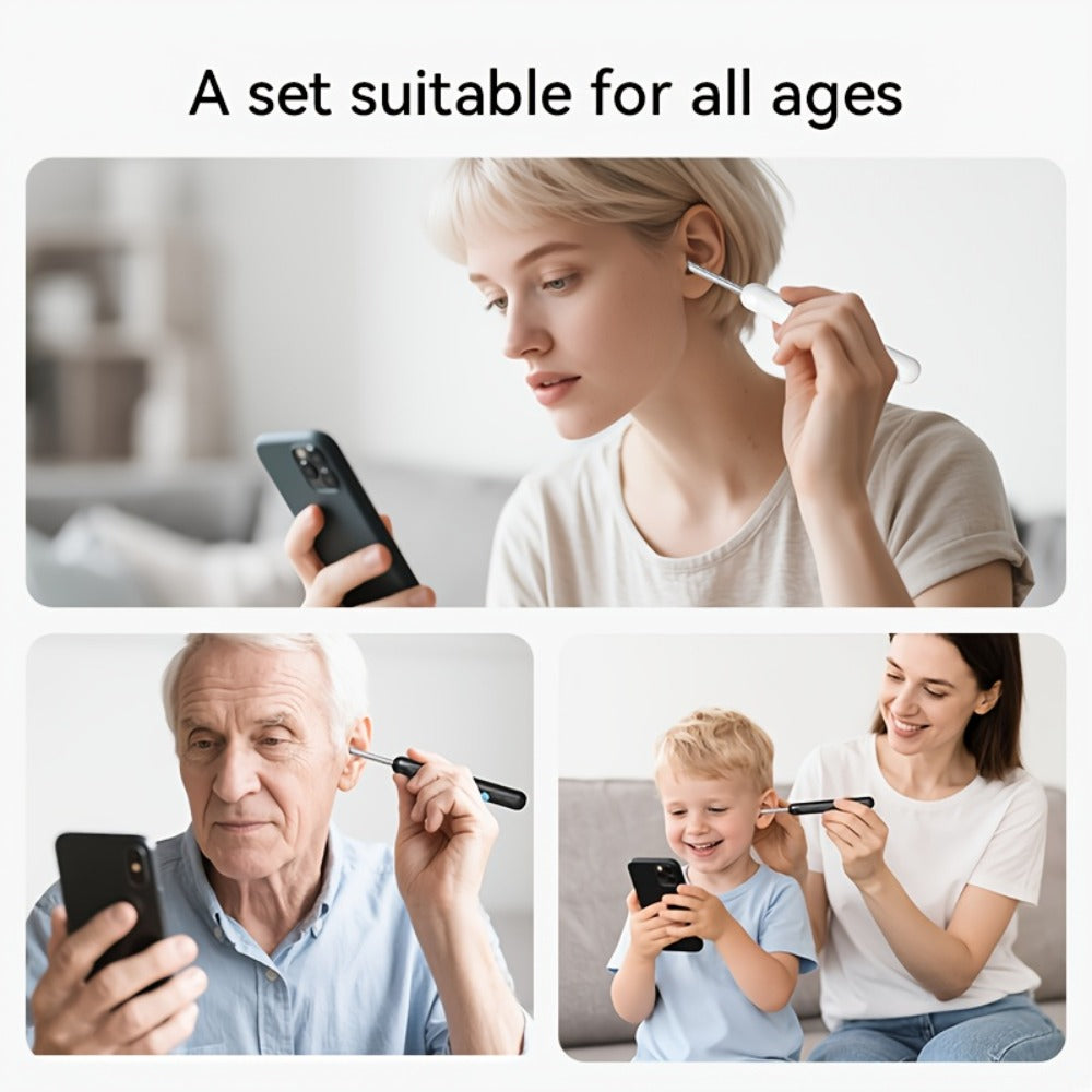 Ear Wax Removal Camera Visual Ear Cleaner 1080P HD – 6 Safety Ear Spoons 7-Piece Kit, USB Charging, Real-Time Smartphone Inspection, Portable Ear Cleaning Tool for Adults Kids, Black and White