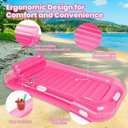 Inflatable Pool Lounger Sunbed for Adults 84"x47" – 2-in-1 Tanning Float with Cup Holders, Removable Headrest & Handles, 330lb Capacity, UV-Resistant PVC, Pool Beach Lake, Blue & Pink