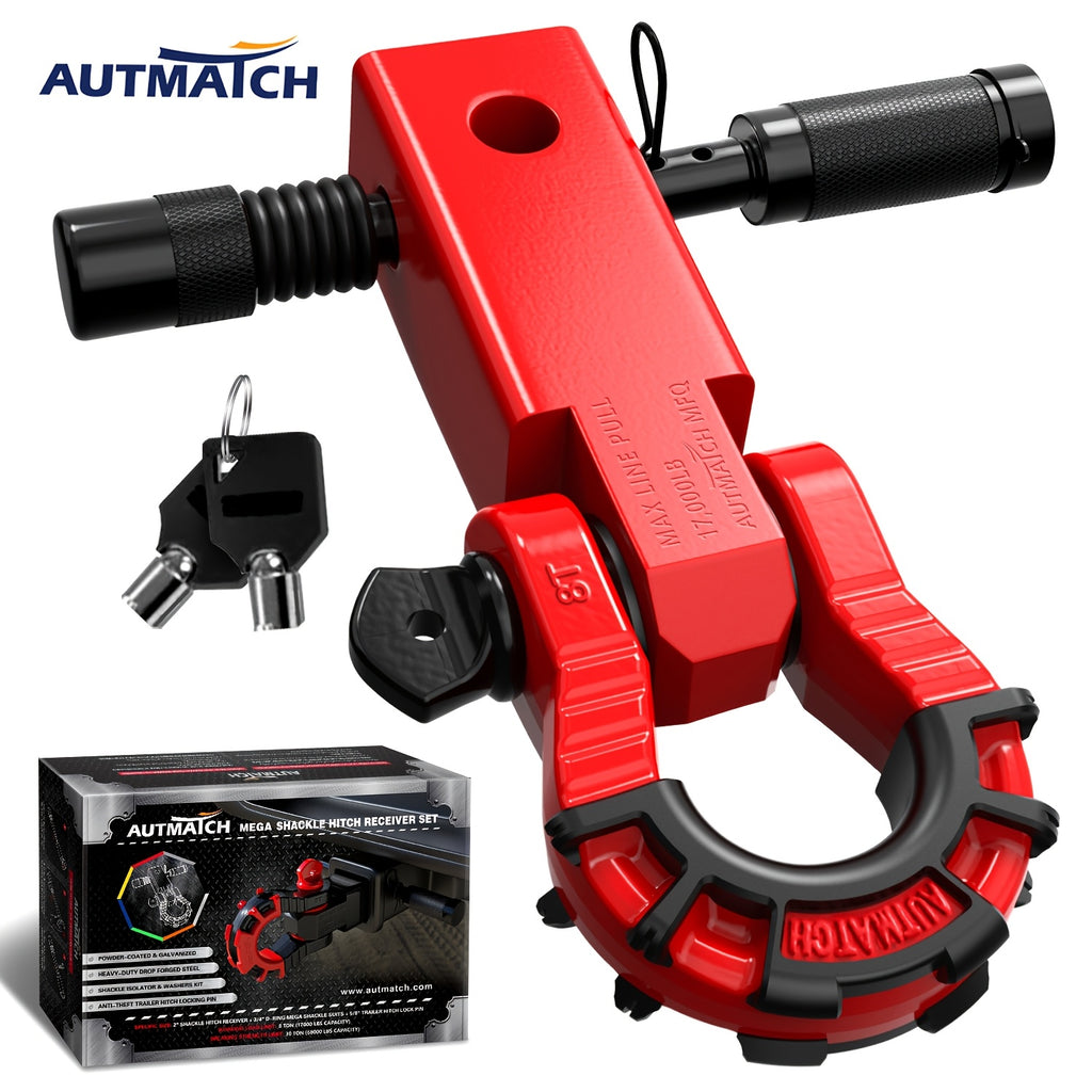 AUTMATCH 2-Inch Shackle Hitch Receiver Featuring a 3/4" Mega D Ring Shackle And a 5/8" Trailer Hitch Lock Pin, Designed for Heavy-Duty Vehicle Recovery with a Break Strength of 68, 000 Lbs