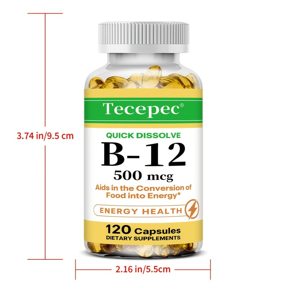 Vitamin B12 500mcg Capsules 120 Count for Women Men – Supports Energy Nervous System Cardiovascular Health Nutrient Absorption Daily Vitality Premium Formula Dietary Supplement