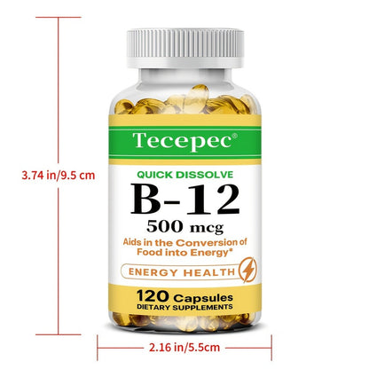 Vitamin B12 500mcg Capsules 120 Count for Women Men – Supports Energy Nervous System Cardiovascular Health Nutrient Absorption Daily Vitality Premium Formula Dietary Supplement