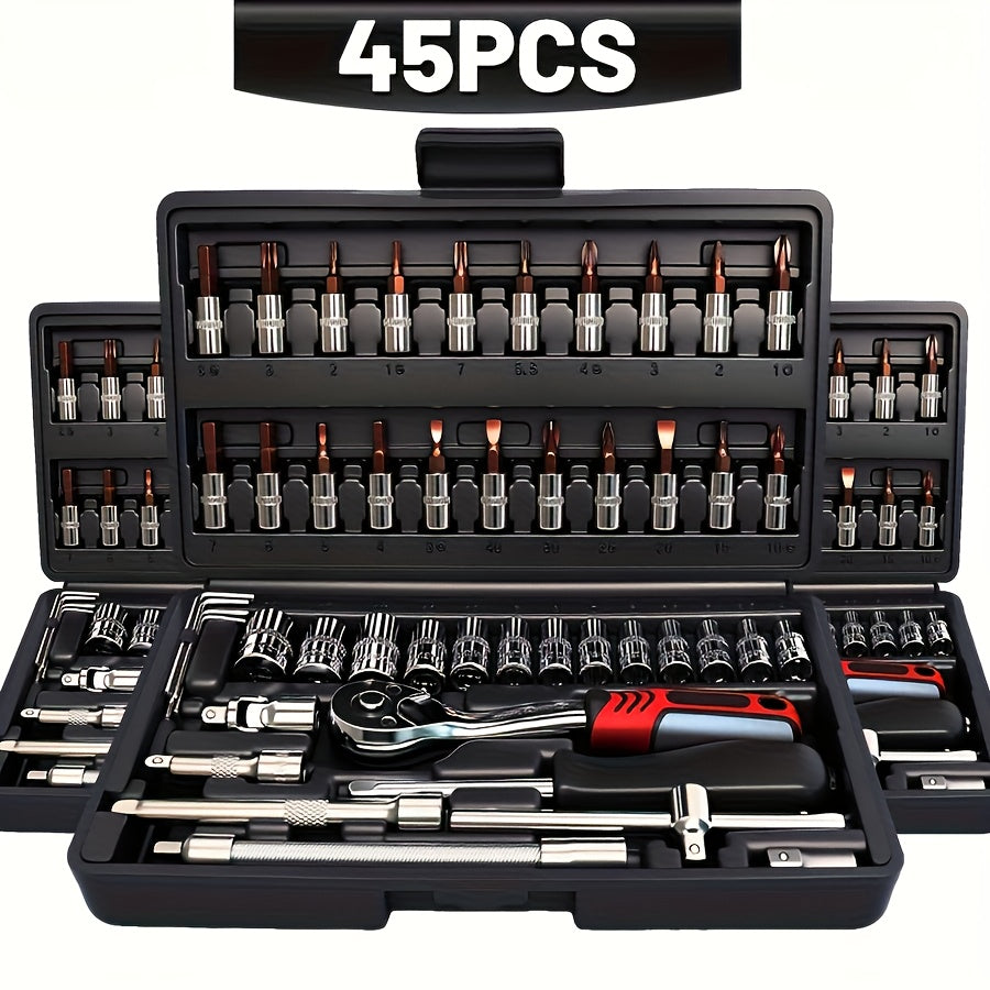 45/53pcs Tool Collection, Premium Professional Vehicle/Motorbike Repair Toolkit, 1/4 Inch Drive Deep And Standard Wrench Collection, Racing-Quality Vehicle Components Repair Ratchet Wrench And Additional Vehicle Repair Additions Toolkit