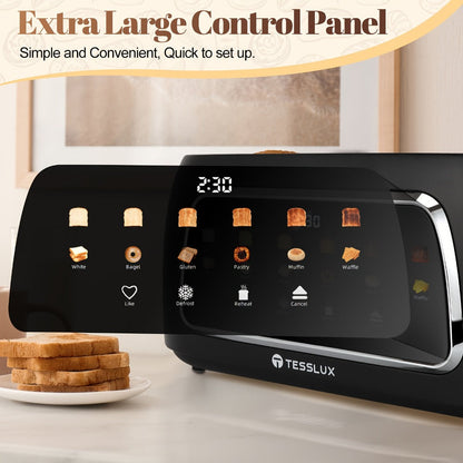 4 Slice Toaster with Touch Screen Control, 1.5" Wide Long Slots, 6 Browning Levels & 6 Bread Types – Digital Timer, Memory Function, Defrost & Reheat for Family Breakfast, White & Black