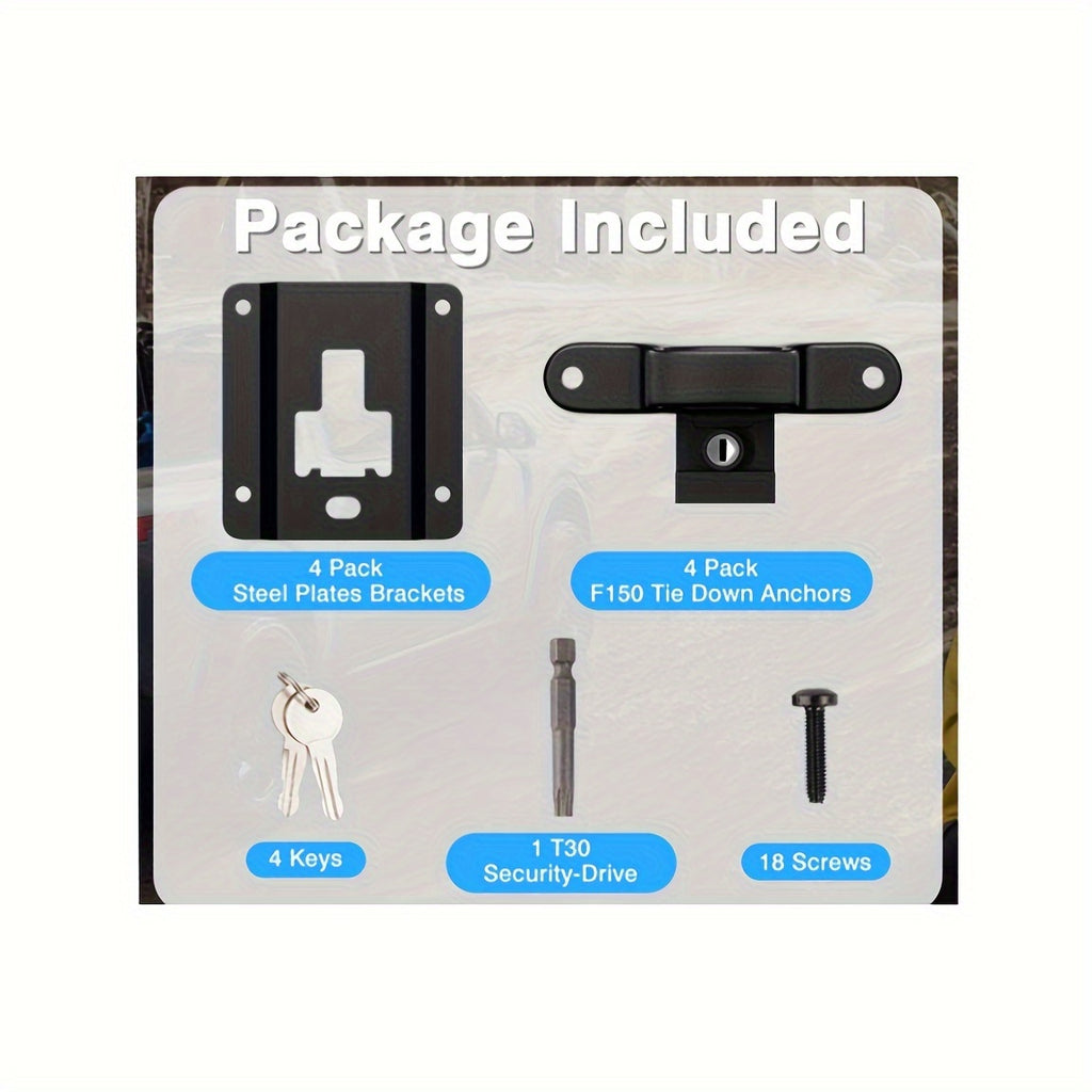 4pcs Set with Locking Buckle, for F150 F250 F350 and Raptor 2015-2024 Models, Truck Bed Cargo Securement Bracket, Anchor Clip Plate with Key Locking Anchor Replacement Accessories