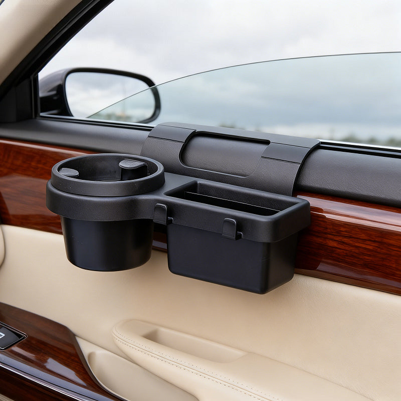 A Multifunctional Car Storage Box Featuring Cup Holders, a Beverage Rack, a Side Door Window Phone Slot, And a Hanging Storage Shelf - Made of Durable ABS Material, Easy to Install, And Designed to Save Space