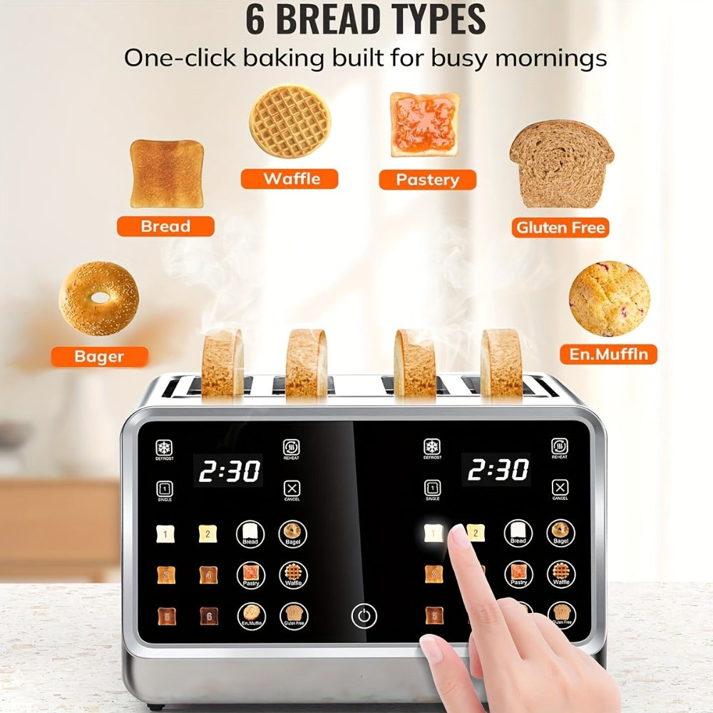 4-Slice Digital Smart Toaster with Touchscreen | Dual Control Panel, Single Slot Toasting, Timer, Reheat & Defrost Functions for Bagels, Bread & Waffles – Stainless Steel Kitchen Essential