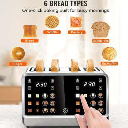 4-Slice Digital Smart Toaster with Touchscreen | Dual Control Panel, Single Slot Toasting, Timer, Reheat & Defrost Functions for Bagels, Bread & Waffles – Stainless Steel Kitchen Essential