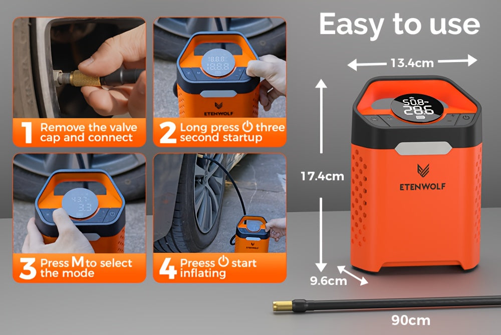 ETENWOLF Portable Air Pump for Car Tires & Tire Inflator Air Compressor | 1 Min Fast Inflation, 100% Duty Cycle, Heavy Duty, USB Charging, Digital Display, Rechargeable Battery