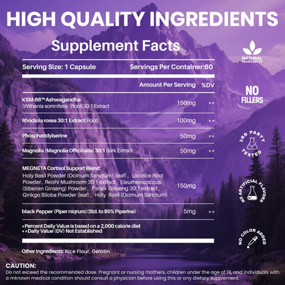 Ashwagandha Stress Relief Supplement Capsules with Rhodiola Rosea L-Theanine & Magnesium for Cortisol Balance Restful Sleep Mood Support & Burnout Recovery — 120 Capsules 4-Month Supply Women & Men