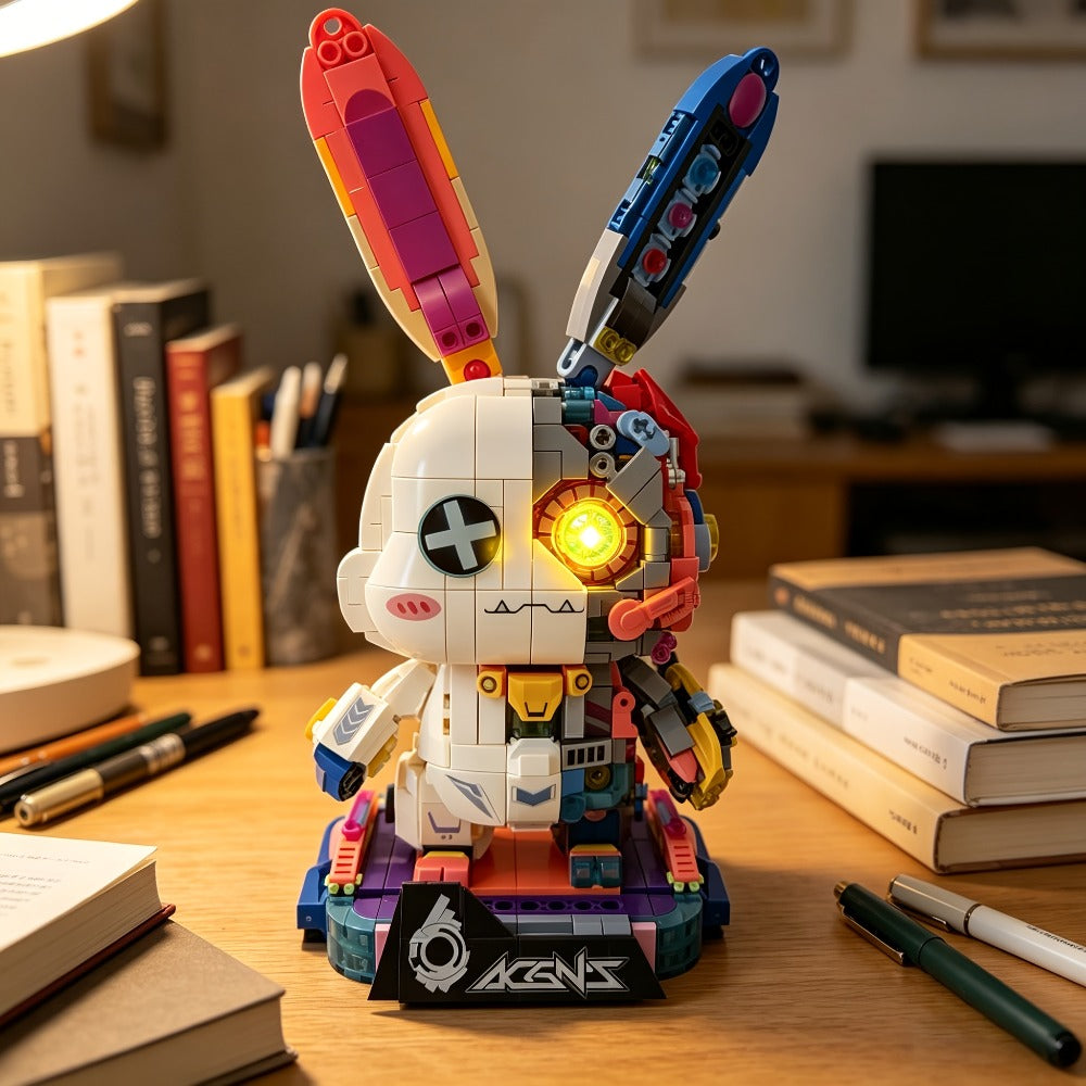 Punk Mechanical Rabbit Building Block Set 1377pcs – Pink Steampunk Style Brick Model Kit, Mid-Scale ABS DIY Assembly Display Toy, Unique Halloween Christmas Birthday Gift for Teens & Adults