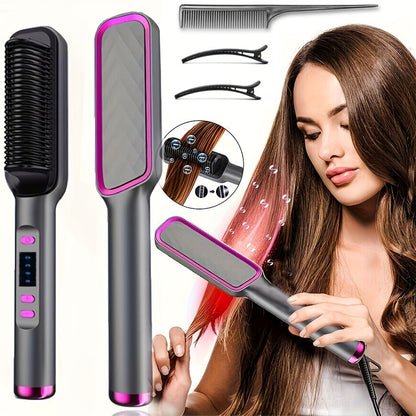 Wet Dry Hair Straightener Brush 2-in-1 Electric Straightening Comb – Multi-Temp Fast Heat Volumizing Styling Tool for Women All Hair Types, Purple Pink White Grey