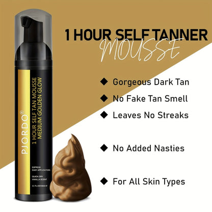 Sunless Tanning Mousse Kit 6-Piece Set with Mitt Applicator - Self Tanner Foam 1 Hour Fast Tan No Fake Smell Long Lasting Bronze Glow 3.38oz Gift Set