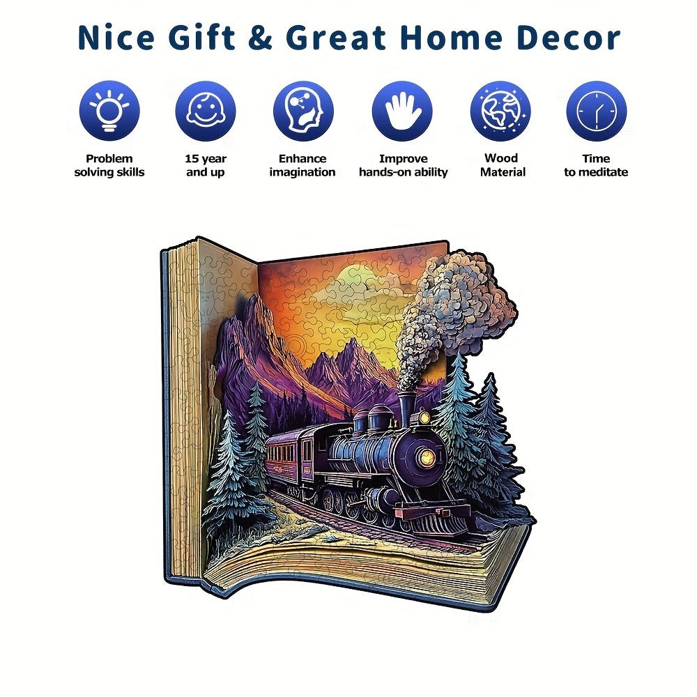 Wooden Jigsaw Puzzle for Adults Galloping Train – 3D Vision Effect Unique Shape Pieces, Book-Style Display, Mountain Sunset Art, Unique Birthday Christmas Holiday Gift for Train Lovers & Puzzle Enthusiasts (S & L Sizes)