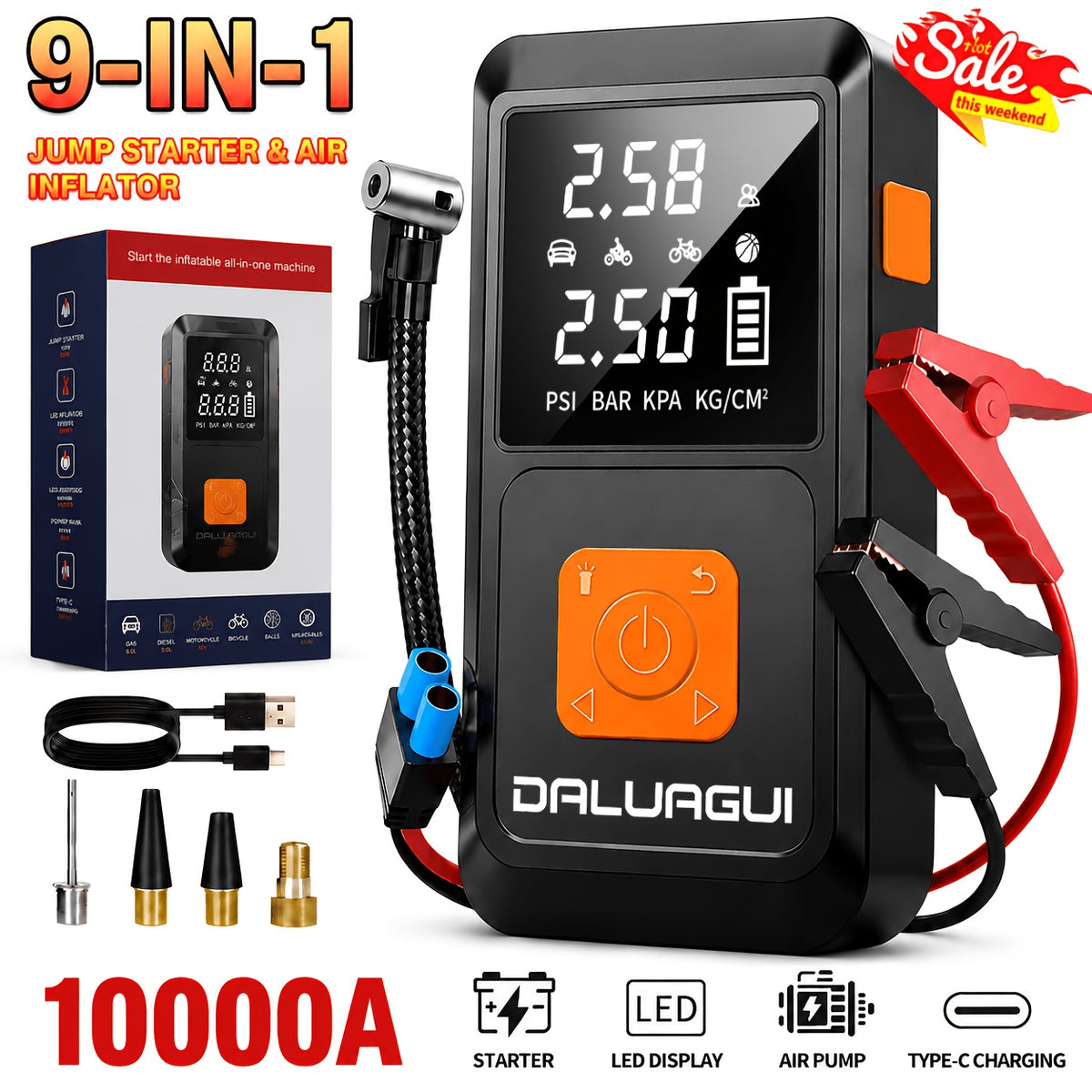 DALUAGUI -10000A Peak Emergency Jump Starter Power Supply with Air Pump, 9-in-1 Function, 12V Car Battery Charger, 150 PSI Fast Tire Inflator, LED Flashlight, USB, Suitable for Gasoline And Diesel Vehicles, SUVs, And Trucks. Ideal As A Holiday Gift.