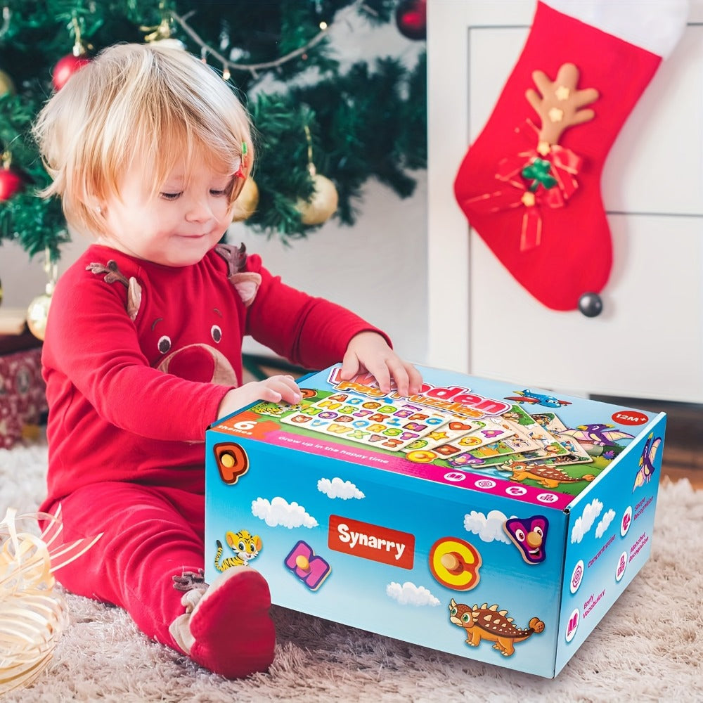 6-in-1 Wooden Toddler Puzzle Set with Storage Rack – Alphabet Number Shape Animal Dinosaur Vehicle Puzzles, STEM Montessori Educational Learning Toy, Gift for Baby Boys Girls Ages 1 2 3
