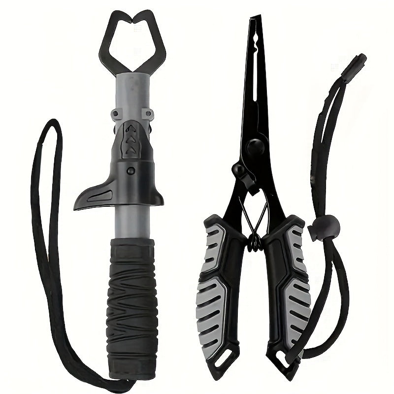 Fishing Pliers Fish Gripper Combo Set 2pcs Stainless Steel Hook Remover Line Cutter with TPR Non-Slip Handle Spring-Loaded Lock for Freshwater Saltwater Bass Trout Pike Catch and Release
