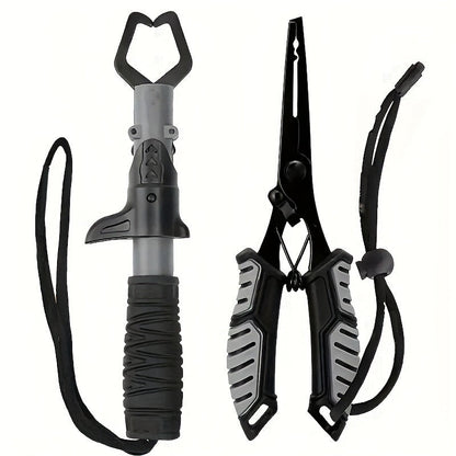 Fishing Pliers Fish Gripper Combo Set 2pcs Stainless Steel Hook Remover Line Cutter with TPR Non-Slip Handle Spring-Loaded Lock for Freshwater Saltwater Bass Trout Pike Catch and Release