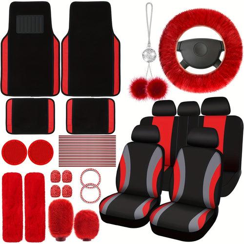 47 Car Seat Cover Full Set Car Seat Covers for Car Front Rear Seat Cover Fluffy Steering Wheel Cover Seat Belt Automotive Floor Mats Car Air Conditioner Decoration Strip Car Accessories Women