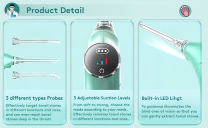 Tonsil Stone Remover Electric Vacuum Kit – Built-In LED Light, 3 Suction Modes & 5X Magnifying Mirror, Oral Irrigator for Safe Effective Tonsil Stone Removal at Home