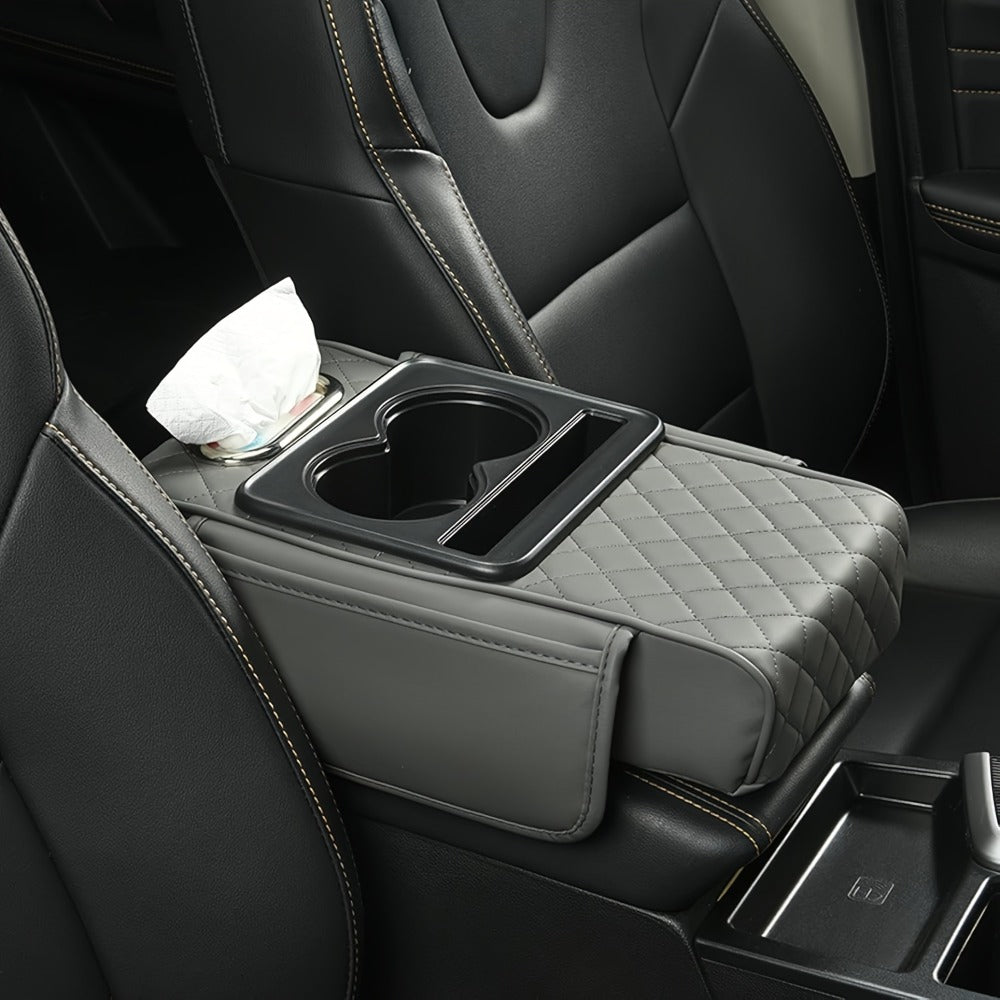 Car Armrest Box Cover PU Leather Center Console Mat – 2 Side Pockets 2 Cup Holders Tissue Storage, Universal Fit Most Car Models, Multi-Function Interior Organizer for Women