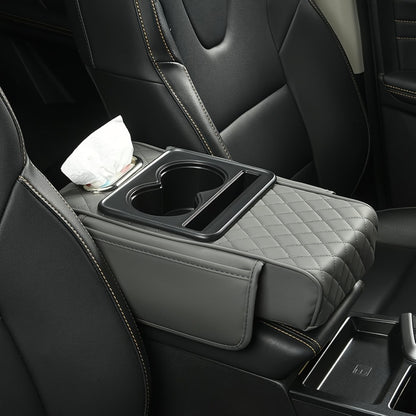 Car Armrest Box Cover PU Leather Center Console Mat – 2 Side Pockets 2 Cup Holders Tissue Storage, Universal Fit Most Car Models, Multi-Function Interior Organizer for Women
