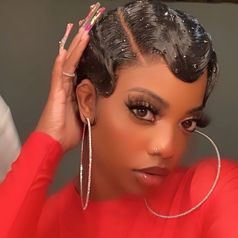 Short Human Hair Pixie Cut Wig Finger Wave Deep Ocean Wave Brazilian Virgin 180% Density Rose Net Cap 1B 613 Blonde Women Party Daily Wear