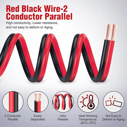 CCA Speaker Wire 16AWG – Red & Black Copper Clad Aluminum 2-Conductor DC Cable for Car Audio, Radio, Amplifier & Home LED Strip Lights (12V/24V, Flexible Spool)