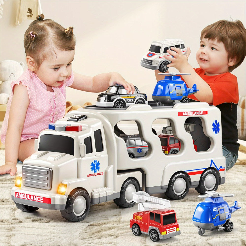 Ambulance Truck Toy 5-in-1 Carrier Set with Lights & Sounds – Friction Power Emergency Vehicle Playset for Kids Boys Ages 3+, Birthday Gift