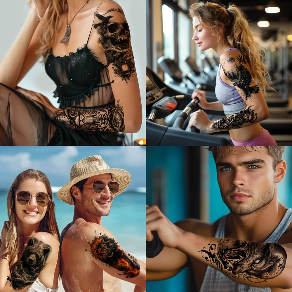 Half Sleeve Temporary Tattoos 24 Pack Realistic 3D Waterproof Lion Eagle Skull Greek God Gothic Forearm Body Stickers Long Lasting for Men Women Adults Halloween Festival