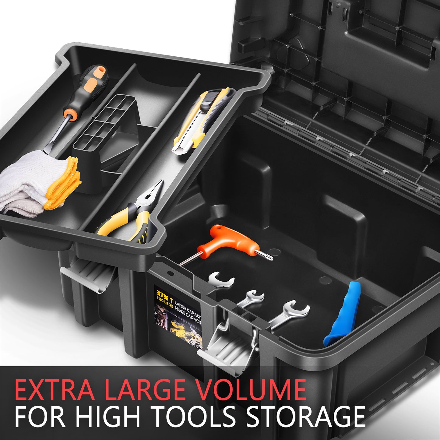 Tool Box Set 2-Piece Lockable - Large Capacity Portable Toolbox Organizer with Removable Tray, Double Lock Buckle, Hard Plastic, 17" x 13" x 18.5" - For Workshop, Garage, Car Trunk & Household Storage