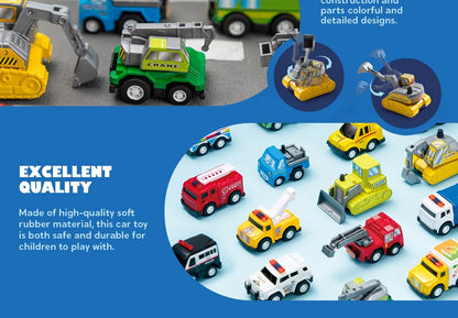 18-Piece Pull Back Mini Cars Set for Kids – City Vehicles Fire Truck Police Car School Bus Freight Train, Friction Powered Toy Cars Boys Girls Ages 3+ Party Favors Gift