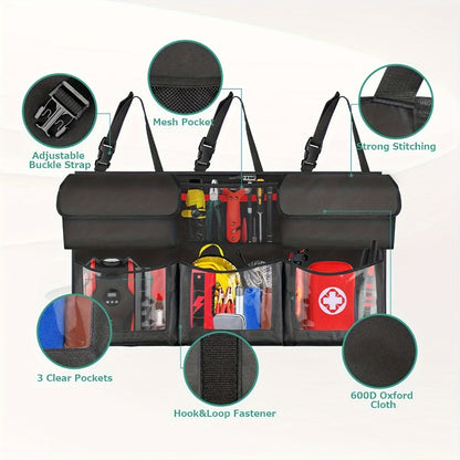 Suspended Car Trunk Organizer – Foldable Rear Seat Cargo Storage Bag with 6 Large Pockets & 3 Adjustable Straps, 40x19 Inch Trunk Organizer for Car