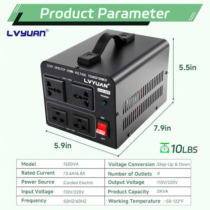 Voltage Converter Transformer 1500W Step Up Step Down - Converts 110V-120V to 220V-240V & Vice Versa, 2 US Outlets & 2 Universal Outlets, Resettable Circuit Breaker, International Travel Power Supply