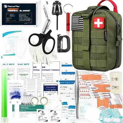 217 Piece Survival Kit with First Aid Kit & Molle Storage Bag - Emergency Gear Set for Camping, Hiking, Outdoor Adventure, Home & Office, Perfect Gift for Men, Dad, Husband, Son - Orange Green Khaki Black Red Camouflage