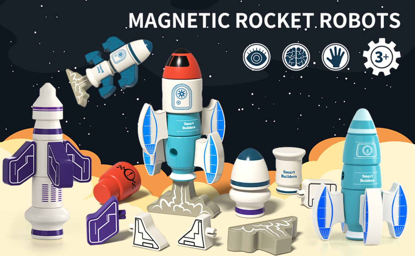 Magnetic Robot Building Toy for Kids Ages 3-5 – 33-Piece STEM Stacking Playset with Storage Box, Rocket Robot & Monster Styles, Magnet Construction Kit, Birthday Christmas Gift for Boys & Girls