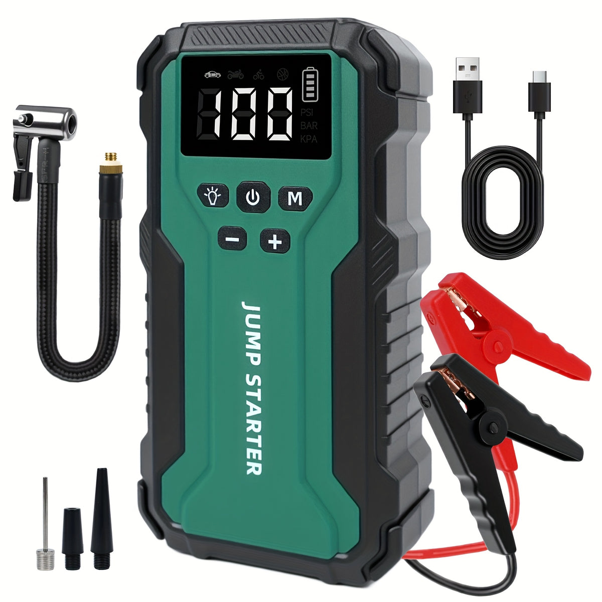 10000A 7-in-1 Multi-functional Emergency Start Power Supply with Air Pump, 150PSL Portable Car Battery Starter, Digital Tire Inflator, Suitable for 2.64 Gallon Gasoline Or 2.38 Gallon Diesel Battery, LED Emergency Light, Car Emergency Tool.