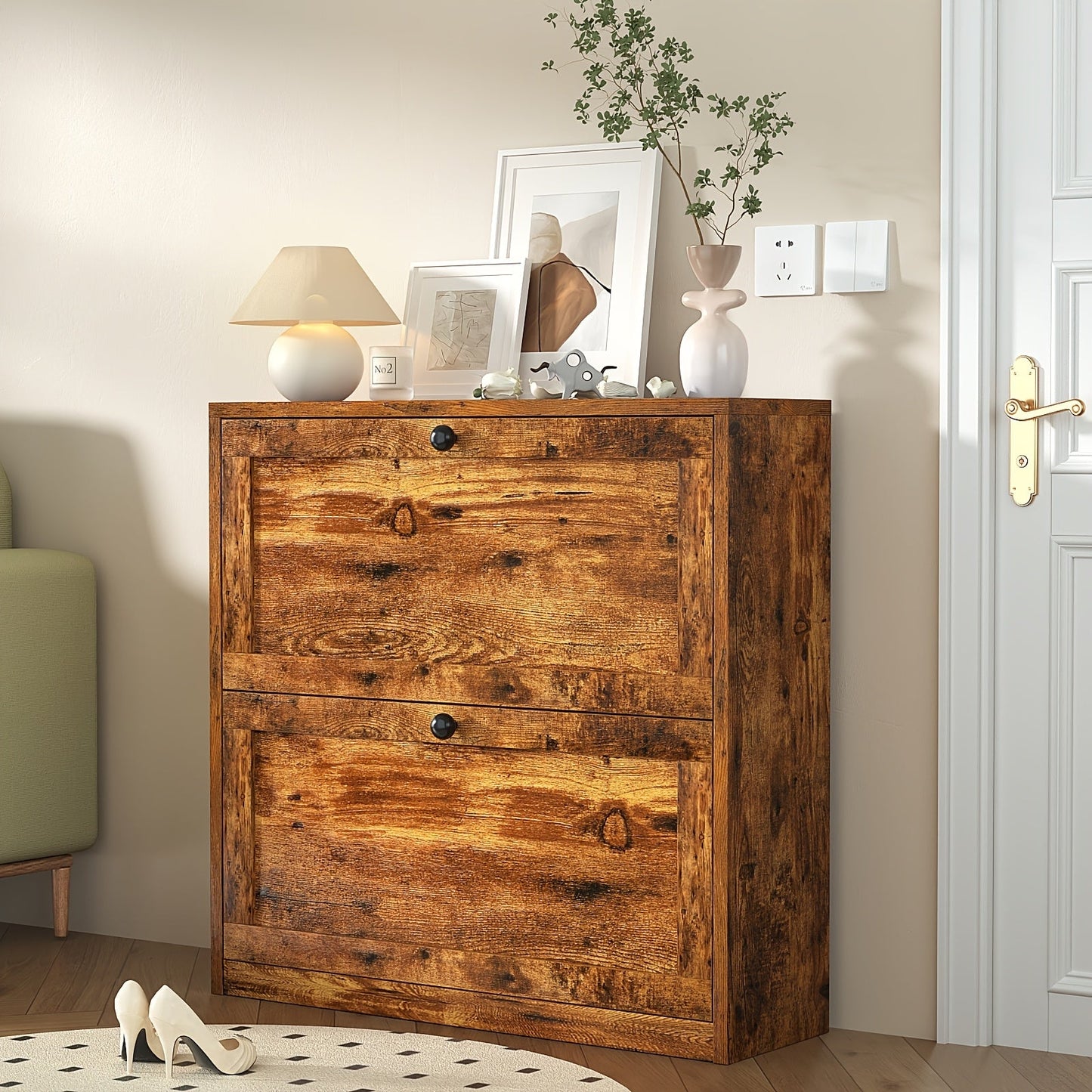 Shoe Cabinet shown in the Rustic Brown, 2 drawers option