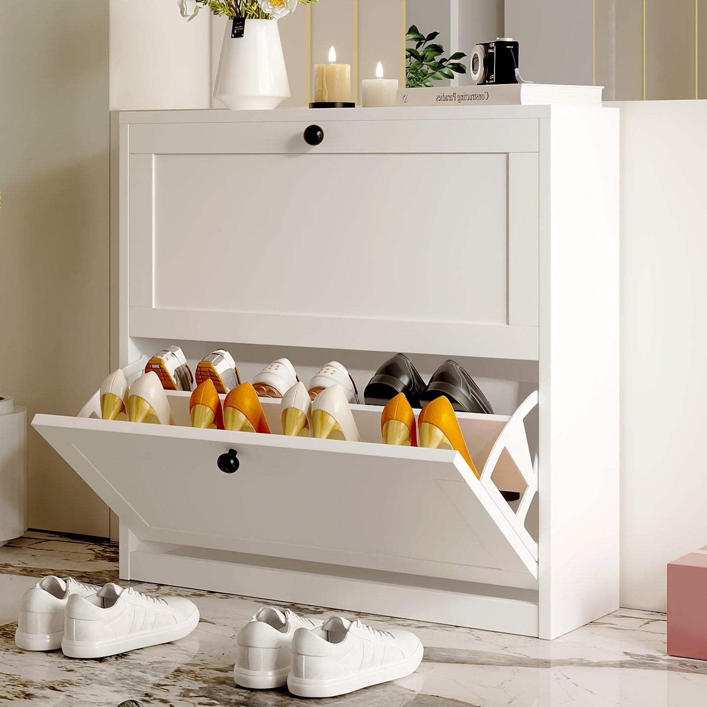 Shoe Cabinet shown in the White, 2 drawers option