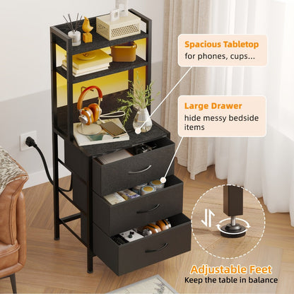 3-Drawer Tall Nightstand with Charging Station and LED Lighting detail image