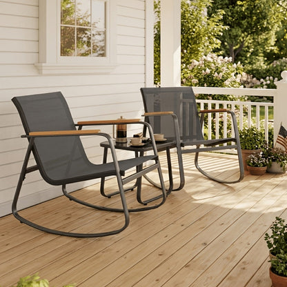 Patio Rocking Chair Set, 3-Piece with Glass Table - Outdoor Rockers with Breathable Teslin shown in the main product view