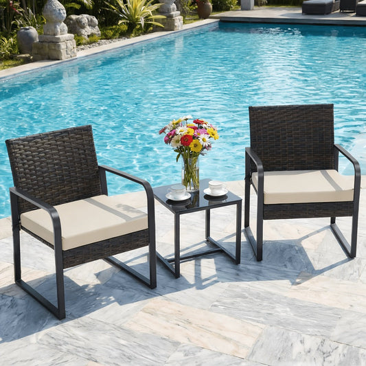 Outdoor Bistro Set, Rattan Bistro Set 3 Piece Outdoor Furniture with Cushioned Chairs shown in the main product view