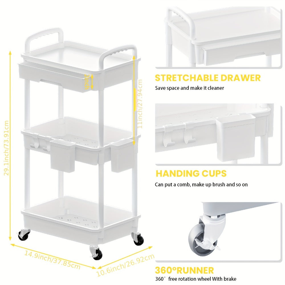 3-Tier 360° Rotating Rolling Utility Cart with Storage Drawers and 360° Swivel detail image - detail view 4