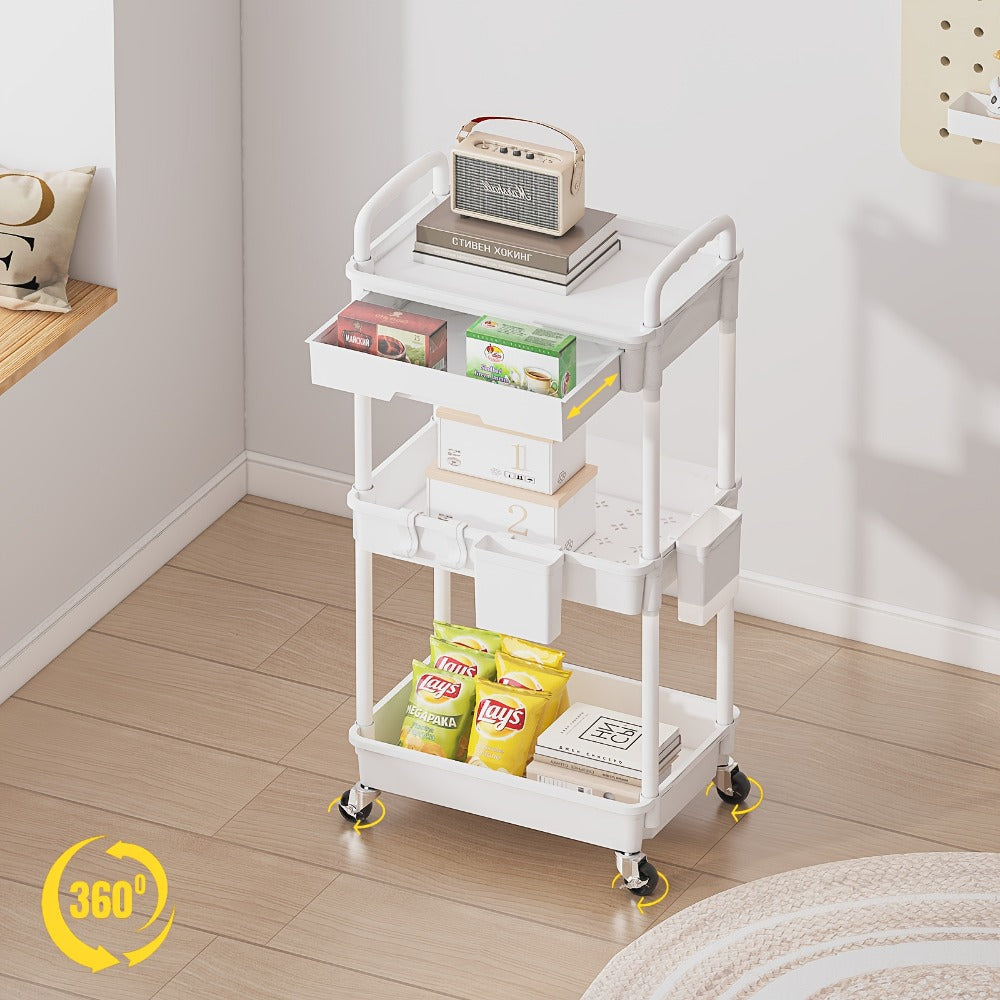 Rolling Utility Cart, 3-Tier with Drawer & 360° Swivel Wheels, Plastic Shelves & Metal shown in the main product view